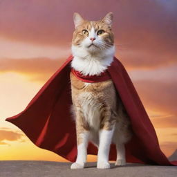 A majestic, super cat, with cape fluttering in the wind, it's eyes gleaming with determination against a breathtaking sunset backdrop.