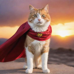 A majestic, super cat, with cape fluttering in the wind, it's eyes gleaming with determination against a breathtaking sunset backdrop.