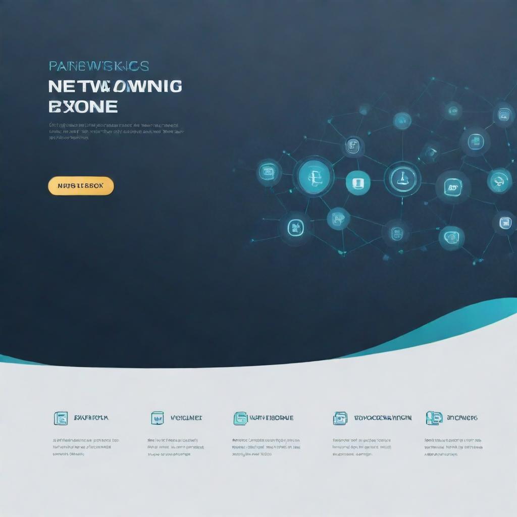 Create a modern, state-of-the-art website banner related to networking technology featuring sleek designs, network icons, and binary codes.