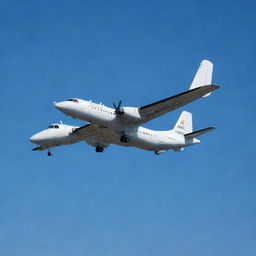 A detailed, high-definition image of a Fokker 50 aircraft in mid-flight against a clear blue sky.