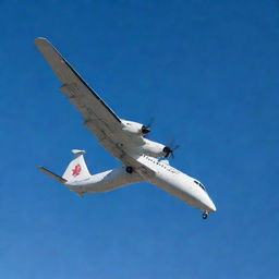 A detailed, high-definition image of a Fokker 50 aircraft in mid-flight against a clear blue sky.