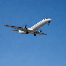 A detailed, high-definition image of a Fokker 50 aircraft in mid-flight against a clear blue sky.