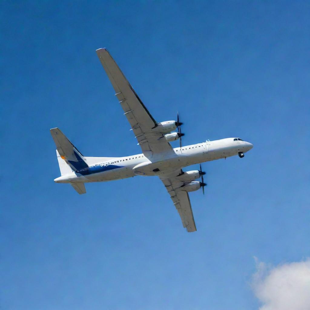 A detailed, high-definition image of a Fokker 50 aircraft in mid-flight against a clear blue sky.