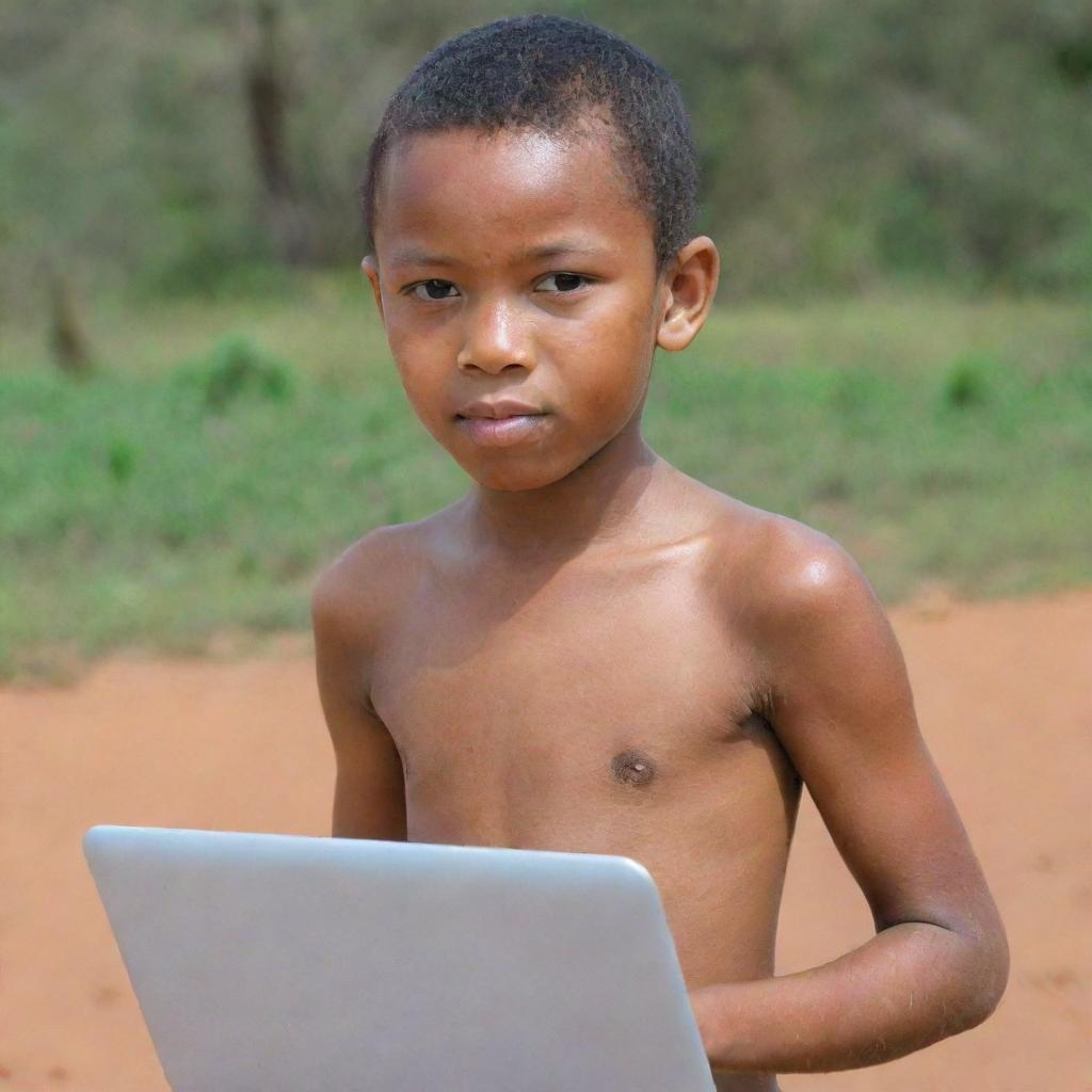 A Malagasy boy with smooth hair, a few white strands, holding a laptop