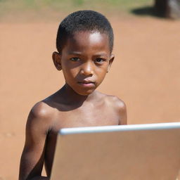 A Malagasy boy with smooth hair, a few white strands, holding a laptop