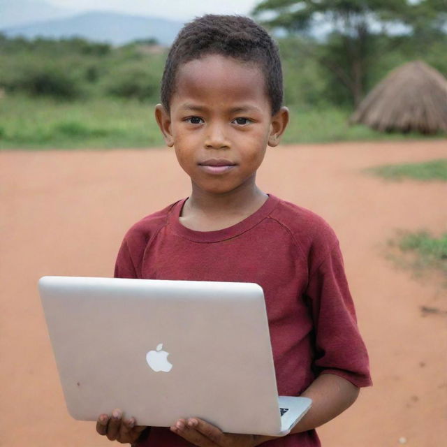 A Malagasy boy with smooth hair, a few white strands, holding a laptop