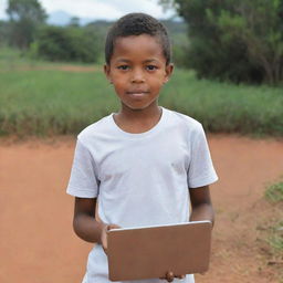 A Malagasy boy with smooth hair, a few white strands, holding a laptop