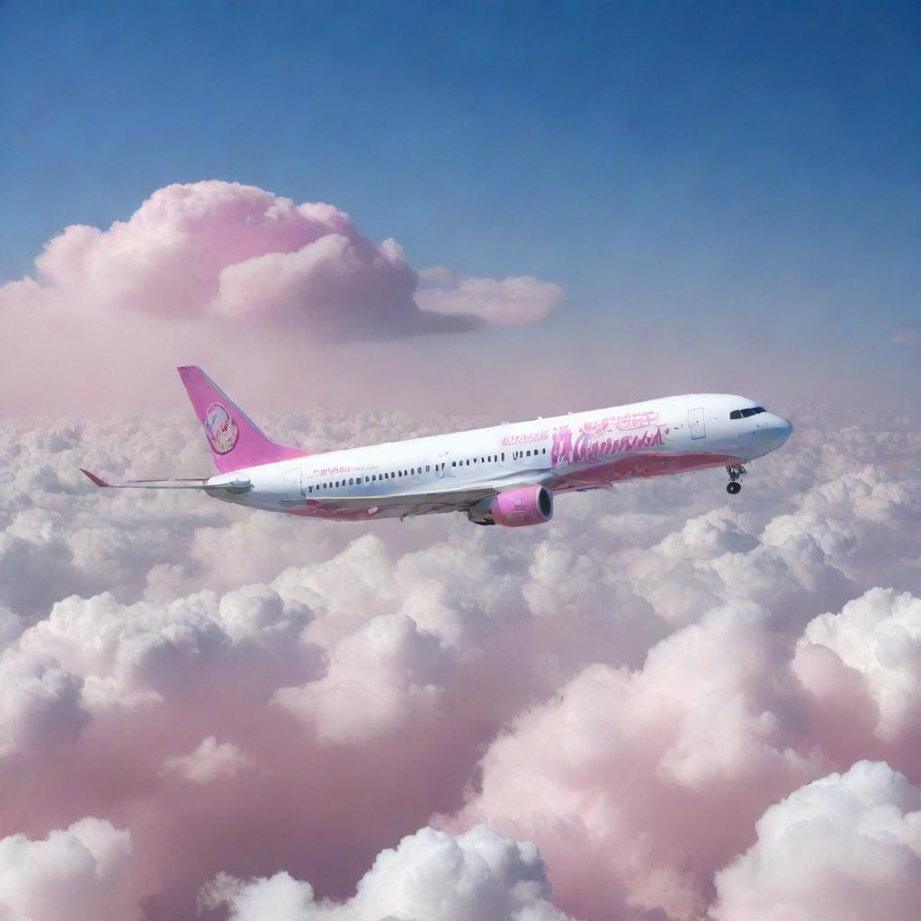 A crystal clear image of an Al-mansur Air plane smoothly gliding through cotton candy clouds with the logo boldly emblazoned on its side.