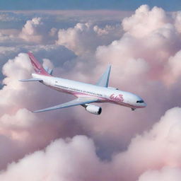 A crystal clear image of an Al-mansur Air plane smoothly gliding through cotton candy clouds with the logo boldly emblazoned on its side.