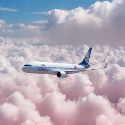 A crystal clear image of an Al-mansur Air plane smoothly gliding through cotton candy clouds with the logo boldly emblazoned on its side.