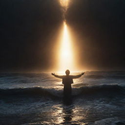 A dramatic music album cover for a song titled 'Save Me', featuring a lone person reaching towards a radiant light, surrounded by dark waves below.