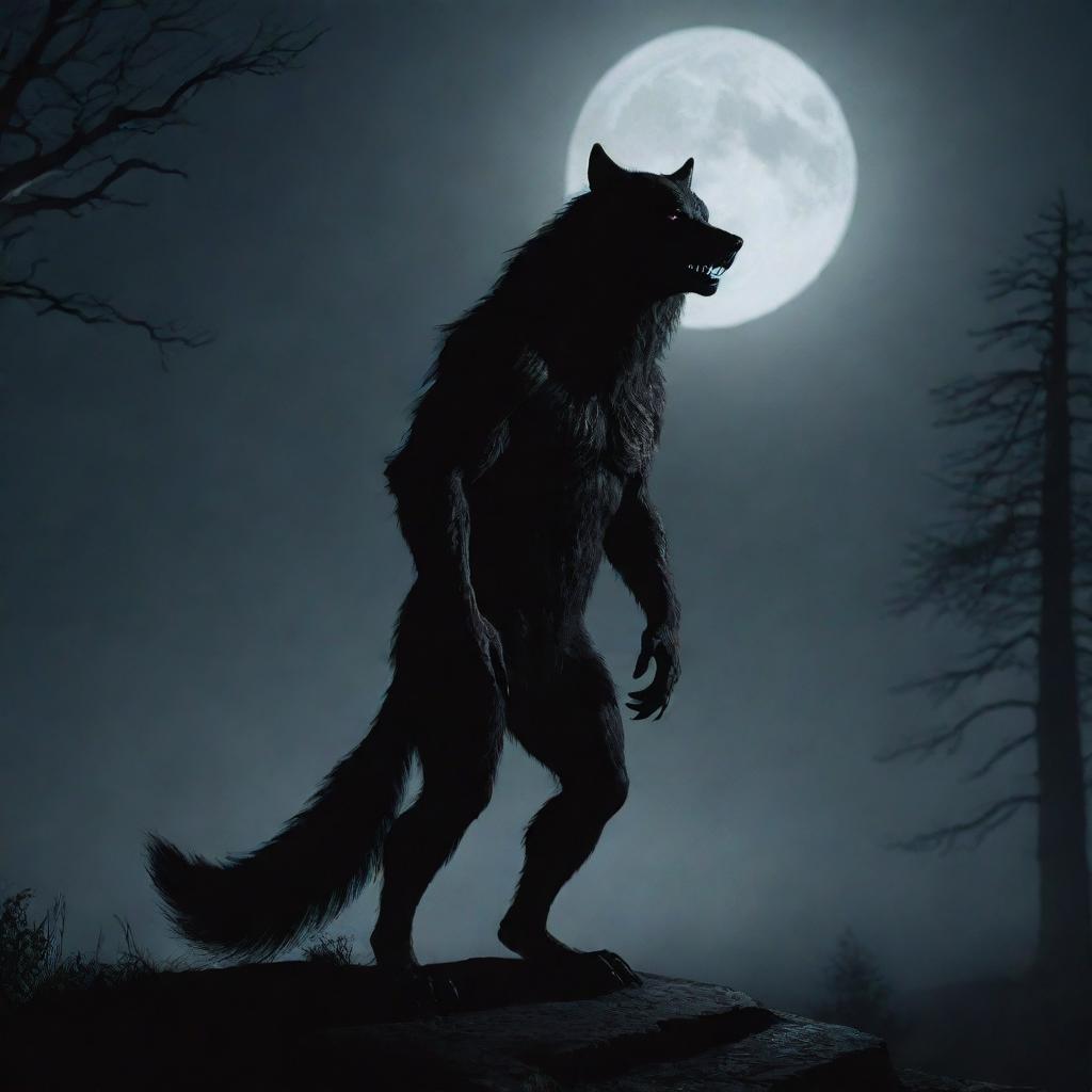 A solitary werewolf stands in an moody moonlight scene, emitting an aura of solitude and mystery.