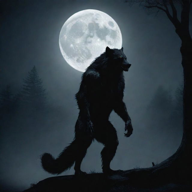 A solitary werewolf stands in an moody moonlight scene, emitting an aura of solitude and mystery.