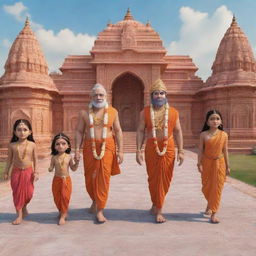 3D animated characters of Lord Rama, Goddess Sita, Lord Hanuman, and Lord Laxmana walking towards Ram Mandir Ayodhya. Narendra Modi stands nearby, where one woman and two playing children are welcoming them.