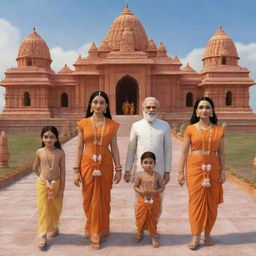 3D animated characters of Lord Rama, Goddess Sita, Lord Hanuman, and Lord Laxmana walking towards Ram Mandir Ayodhya. Narendra Modi stands nearby, where one woman and two playing children are welcoming them.