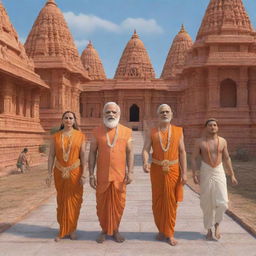 3D animated characters of Lord Rama, Goddess Sita, Lord Hanuman, and Lord Laxmana walking towards Ram Mandir Ayodhya. Narendra Modi stands nearby, where one woman and two playing children are welcoming them.