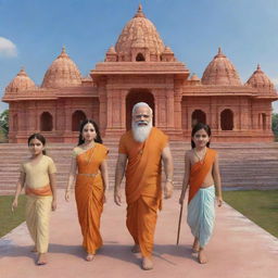 3D animated characters of Lord Rama, Goddess Sita, Lord Hanuman, and Lord Laxmana walking towards Ram Mandir Ayodhya. Narendra Modi stands nearby, where one woman and two playing children are welcoming them.