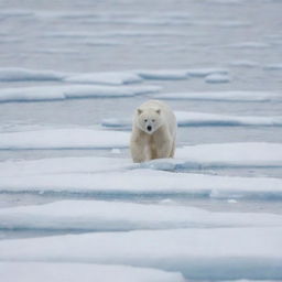 A stealthy white bear camouflaged within an ice landscape, patiently waiting to catch sea dogs.