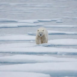 A stealthy white bear camouflaged within an ice landscape, patiently waiting to catch sea dogs.