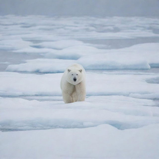 A stealthy white bear camouflaged within an ice landscape, patiently waiting to catch sea dogs.