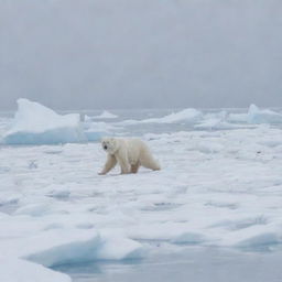 A stealthy white bear camouflaged within an ice landscape, patiently waiting to catch sea dogs.