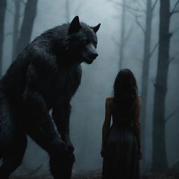 A lone werewolf, gazing from a distance at a stunning, mysterious woman who is concealed subtly in the environment.