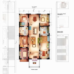 Design an architectural blueprint for a 30x60 plot featuring a parking space, lobby, kitchen, pooja room, two bathrooms, two bedrooms, and a storage area, with a modern aesthetic.