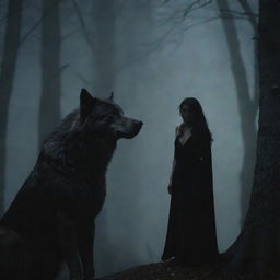 A lone werewolf, gazing from a distance at a stunning, mysterious woman who is concealed subtly in the environment.