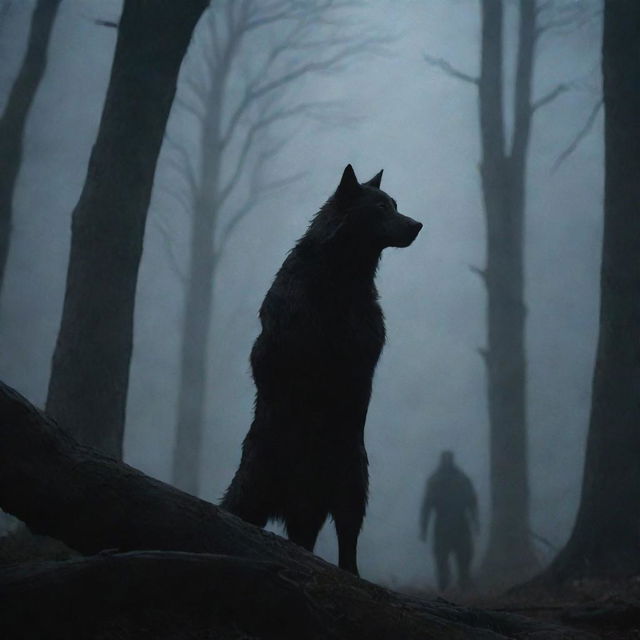 A lone werewolf, gazing from a distance at a stunning, mysterious woman who is concealed subtly in the environment.