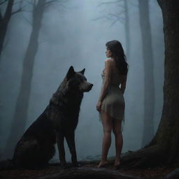 A lone werewolf, gazing from a distance at a stunning, mysterious woman who is concealed subtly in the environment.