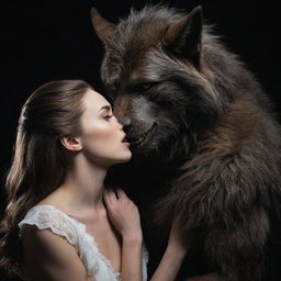 Create a series of images showing a lone werewolf gradually developing affection for a mysterious lady, fraught with emotion and intensity.