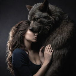 Create a series of images showing a lone werewolf gradually developing affection for a mysterious lady, fraught with emotion and intensity.