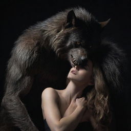 Create a series of images showing a lone werewolf gradually developing affection for a mysterious lady, fraught with emotion and intensity.