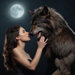 Create a series of images showing a lone werewolf gradually developing affection for a mysterious lady, fraught with emotion and intensity.