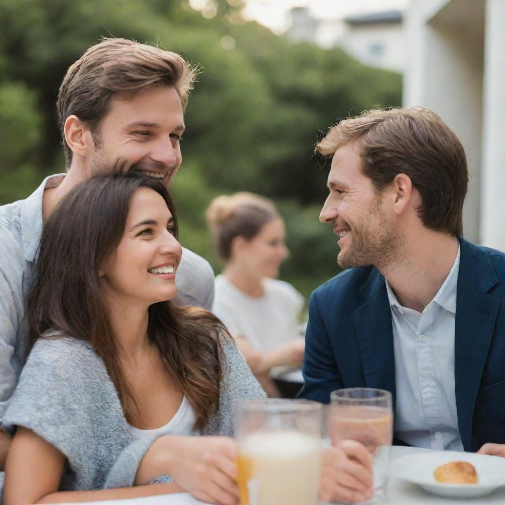 Generate an image portraying a friendly gathering, featuring you warmly interacting with both your ex and current boyfriend.