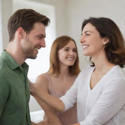 Generate an image portraying a friendly gathering, featuring you warmly interacting with both your ex and current boyfriend.