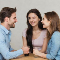 Generate an image portraying a friendly gathering, featuring you warmly interacting with both your ex and current boyfriend.