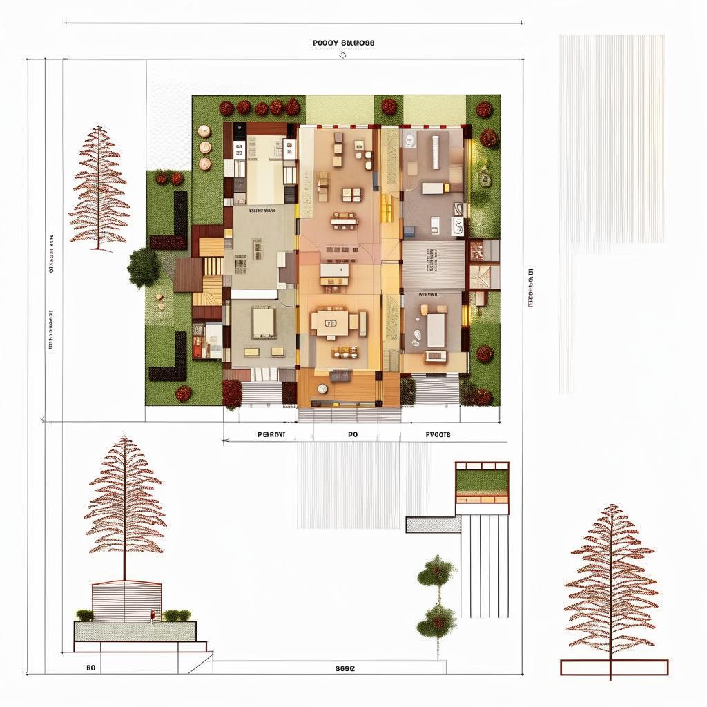 Design an architectural blueprint for a 30x60 plot featuring a parking space, lobby, kitchen, pooja room, two bathrooms, two bedrooms, and a storage area, with a modern aesthetic.