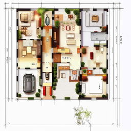 Design an architectural blueprint for a 30x60 plot featuring a parking space, lobby, kitchen, pooja room, two bathrooms, two bedrooms, and a storage area, with a modern aesthetic.