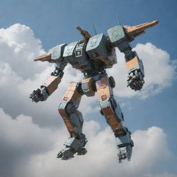 Create an image of a mech soaring across a cloudy sky, with its color scheme matching the palette used in the provided image of the existing ship.