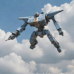 Create an image of a mech soaring across a cloudy sky, with its color scheme matching the palette used in the provided image of the existing ship.