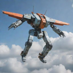 Create an image of a mech soaring across a cloudy sky, with its color scheme matching the palette used in the provided image of the existing ship.