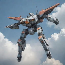 Create an image of a mech soaring across a cloudy sky, with its color scheme matching the palette used in the provided image of the existing ship.