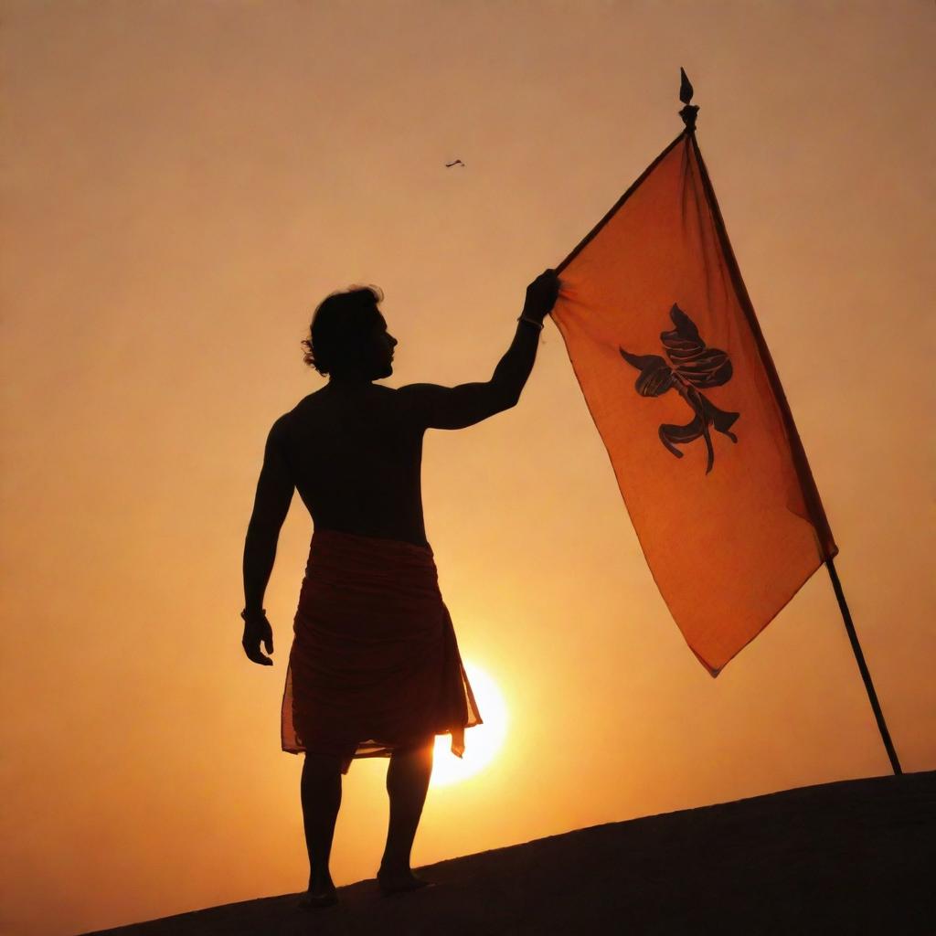 A silhouetted figure holding a vibrant orange flag with 'Jai Shri Ram' embossed on it, against a stunning sunset backdrop.