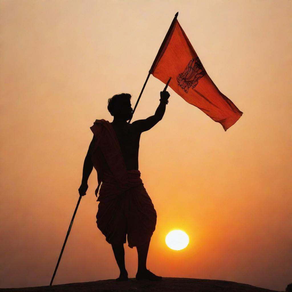 A silhouetted figure holding a vibrant orange flag with 'Jai Shri Ram' embossed on it, against a stunning sunset backdrop.