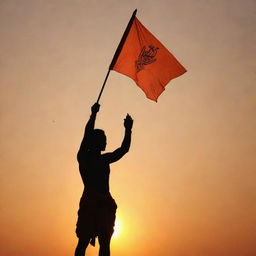 A silhouetted figure holding a vibrant orange flag with 'Jai Shri Ram' embossed on it, against a stunning sunset backdrop.