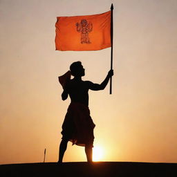 A silhouetted figure holding a vibrant orange flag with 'Jai Shri Ram' embossed on it, against a stunning sunset backdrop.