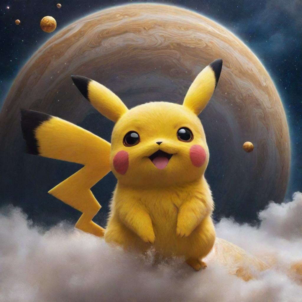 Pikachu, a bright yellow, electric Pokemon, standing amidst the surrealistic swirling storms of planet Jupiter with a backdrop of the mesmerizing cosmos.