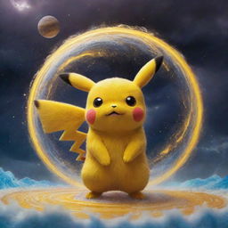 Pikachu, a bright yellow, electric Pokemon, standing amidst the surrealistic swirling storms of planet Jupiter with a backdrop of the mesmerizing cosmos.