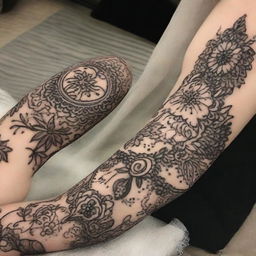 A highly detailed, intricately designed henna pattern